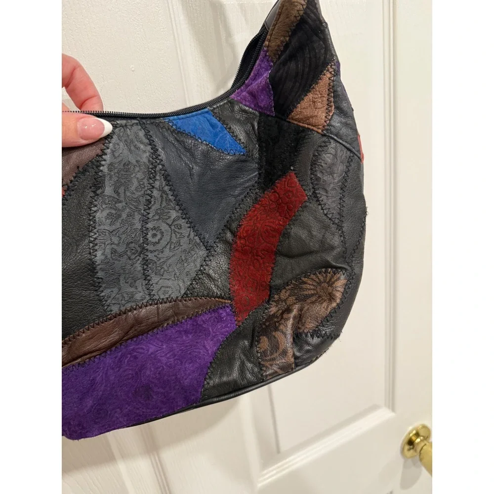 Vintage Leather Patchwork Crossbody Bag Multi Color Textured Hobo Shoulder Bag